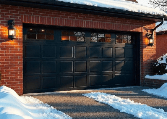 black garage door on a red brick house