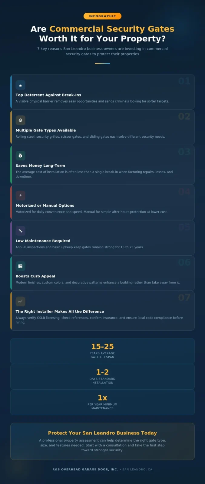Infographic showing 7 reasons commercial security gates are worth it for San Leandro business owners, including break-in deterrence, gate types, long-term savings, motorized and manual options, low maintenance, curb appeal and choosing the right installer, with key stats on gate lifespan, installation time and maintenance frequency.